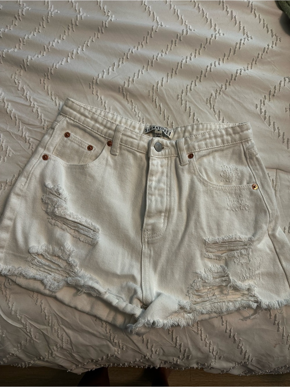 Signature White Distressed High-Rise Denim Shorts
